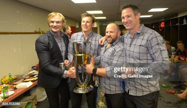 Crusaders team in the change room after they were crowned the 2017 Super Rugby champions following their win over the Lions during the Super Rugby...