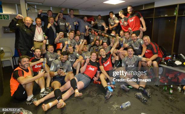 Crusaders team in the change room after they were crowned the 2017 Super Rugby champions following their win over the Lions during the Super Rugby...