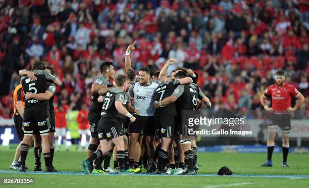 Crusaders celebrating their victory during the Super Rugby Final match between Emirates Lions and Crusaders at Emirates Airline Park on August 05,...