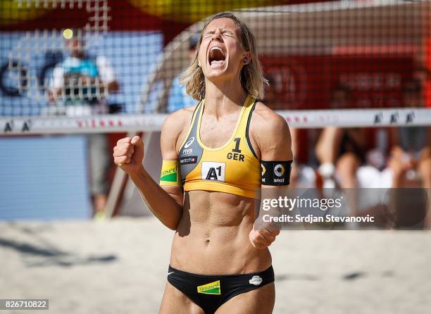 Laura Ludwig of Germany celebrates during the Women's Final match between Germany and USA on August 05, 2017 in Vienna, Austria.