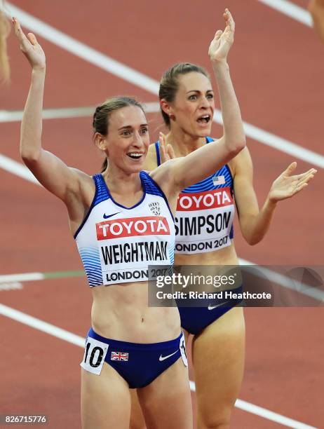 Jennifer Simpson of the United States celebrates with Laura Weightman of Great Britain following the semi finals of the Women's 1500 metres during...