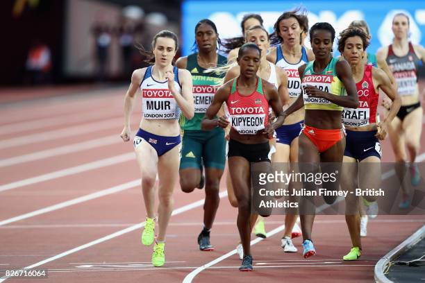 Laura Muir of Great Britain and Faith Chepngetich Kipyegon of Kenya competes in the Women's 1500 metres semi-finals during day two of the 16th IAAF...