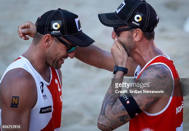 Alexander Horst and Clemens Doppler of Austria celebrate after the Men's Quarter-final match between Poland and Austria on August 05, 2017 in Vienna,...