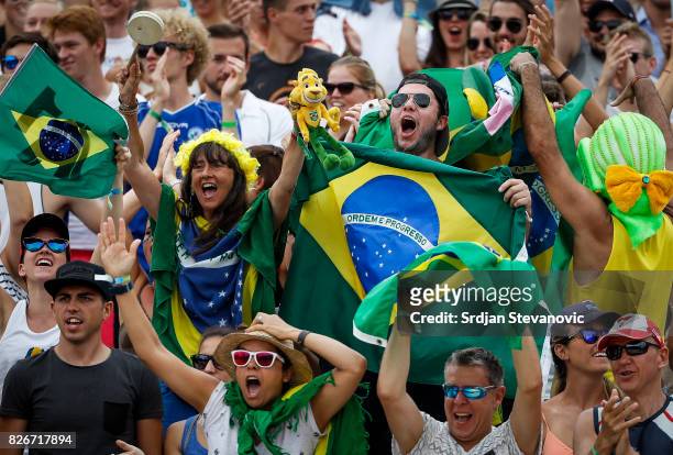 Fans of Brazil give their support during the Men's Quarter-final match between Canada and Brazil on August 05, 2017 in Vienna, Austria.