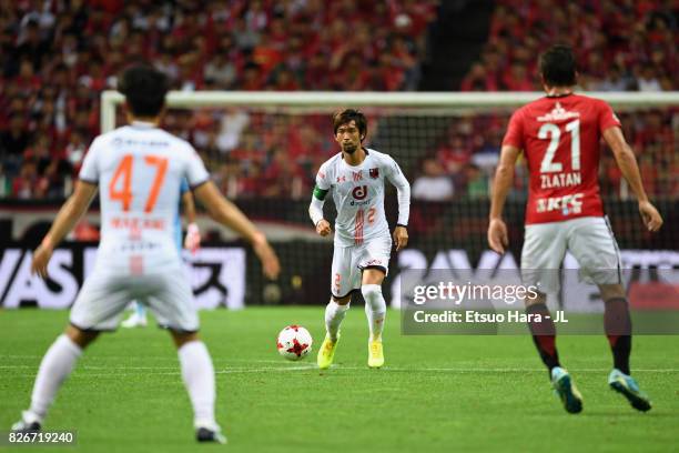 Kosuke Kikuchi of Omiya Ardija in action during the J.League J1 match between Urawa Red Diamonds and Omiya Ardija at Saitama Stadium on August 5,...