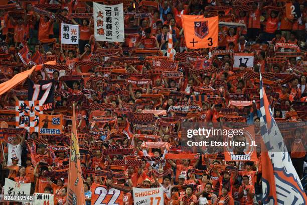 Omiya Ardija supporters cheer prior to the J.League J1 match between Urawa Red Diamonds and Omiya Ardija at Saitama Stadium on August 5, 2017 in...