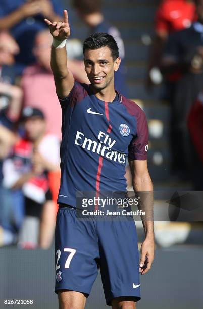 Javier Pastore of PSG celebrates his goal during the French Ligue 1 match between Paris Saint Germain and Amiens SC at Parc des Princes on August 5,...