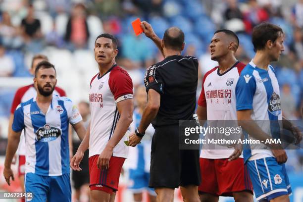 Jake Livermore of West Bromwich Albion reacts after getting sent off during the Pre-Season Friendly between Deportivo de La Coruna and West Bromwich...