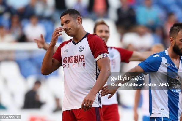Jake Livermore of West Bromwich Albion reacts after getting sent off during the Pre-Season Friendly between Deportivo de La Coruna and West Bromwich...