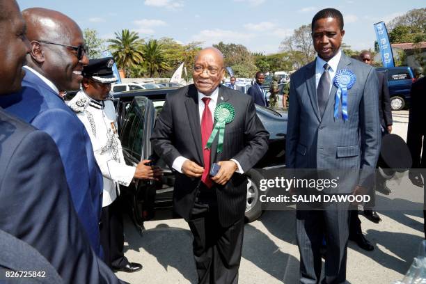 Zambian President Edgar Lungu welcomes South African President Jacob Zuma to attend the inauguration day of the Agriculture and Commercial fair on...