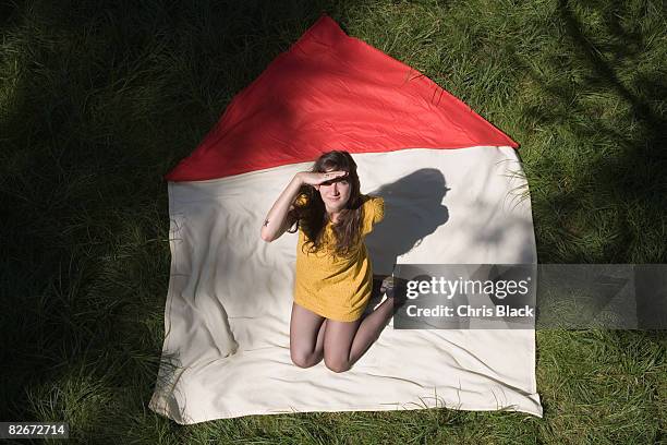 women kneeling on a banket on grass,looking up - banket stock-fotos und bilder