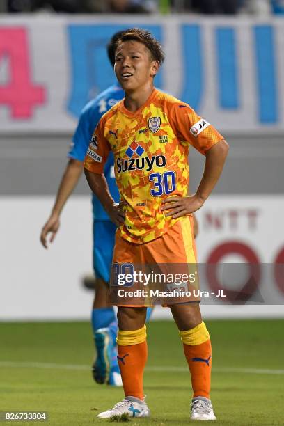 Shota Kaneko of Shimizu S-Pulse reacts after missing a chance during the J.League J1 match between Sagan Tosu and Shimizu S-Pulse at Best Amenity...