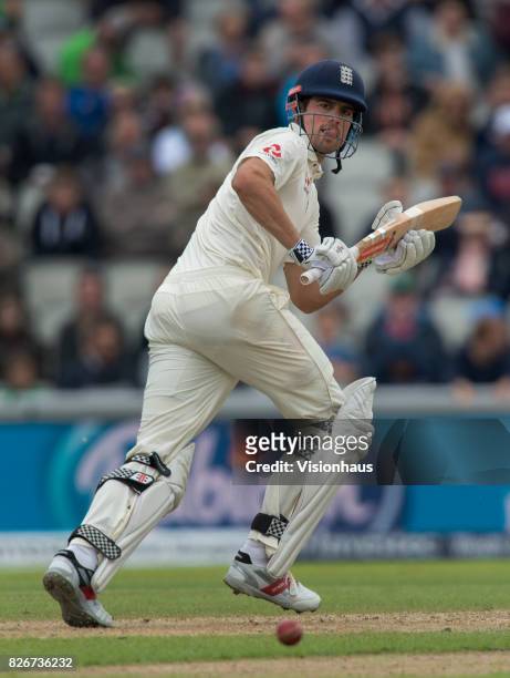 Alastair Cook batting during the first day of the fourth test between England and South Africa at Old Trafford on August 4, 2017 in Manchester,...