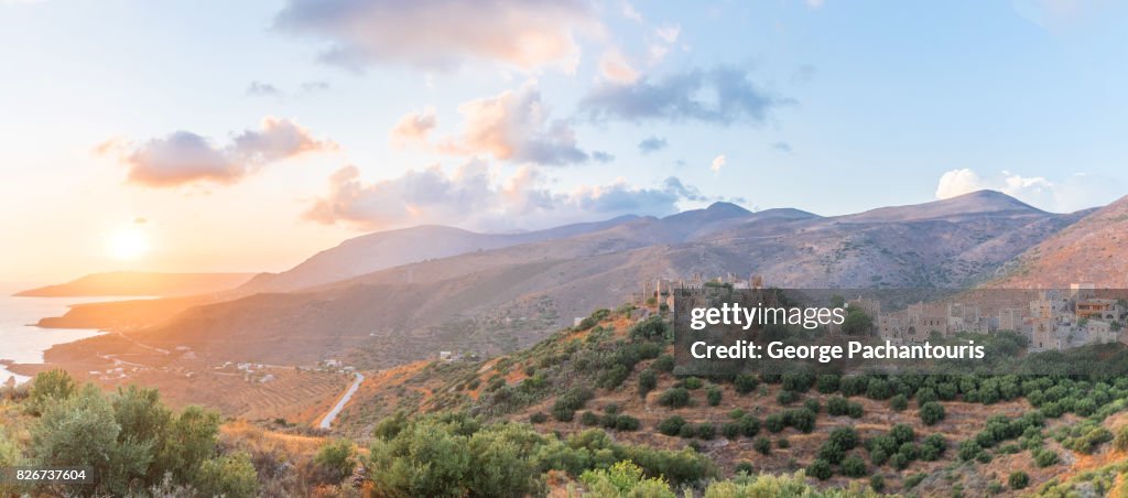 Sunset panorama over the South Peloponnese, Greece