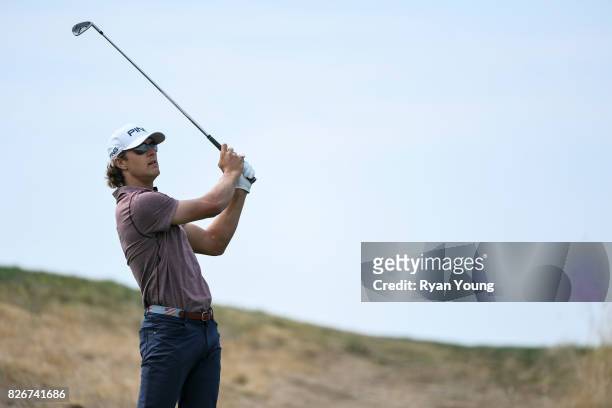 William Kropp plays his shot from the second tee during the third round of the Web.com Tour Ellie Mae Classic at TPC Stonebrae on August 5, 2017 in...