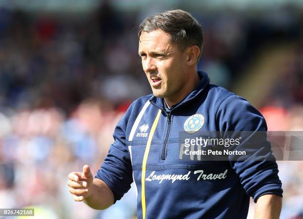 Shrewsbury Town manager Paul Hurst looks on during the Sky Bet League One match between Shrewsbury Town and Northampton Town at New Meadow on August...