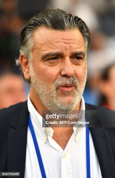 Montpellier's French club president Laurent Nicollin looks on during the French L1 football match between MHSC Montpellier and Caen, on August 5,...