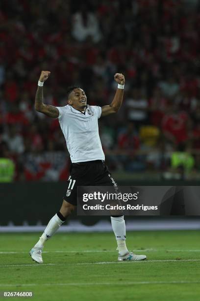 Guimaraes's forward Raphinha from Brasil celebrates scoring Vitoria Guimaraes goal during the match between SL Benfica and VSC Guimaraes at Estadio...