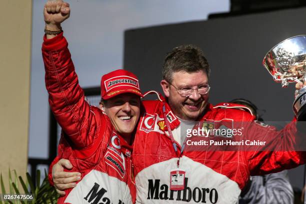 Michael Schumacher, Ross Brawn, Grand Prix of Brazil, Interlagos, 31 March 2002. Michael Schumacher with Ferrari Technical Director Ross Brawn.
