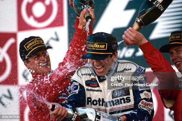 Michael Schumacher, Damon Hill, Mika Hakkinen, Grand Prix of Japan, Suzuka, 13 October 1996. Damon Hill was crowned World Champion by winning the...