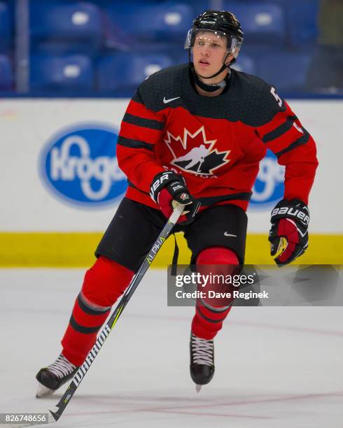 Dennis Cholowski of Canada skates up ice against Finland during a World Jr. Summer Showcase game at USA Hockey Arena on August 2, 2017 in Plymouth,...