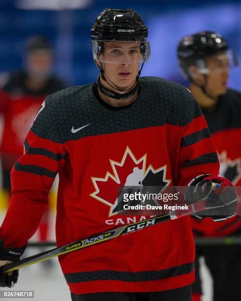 Taylor Raddysh of Canada skates around on a play stoppage against Finland during a World Jr. Summer Showcase game at USA Hockey Arena on August 2,...