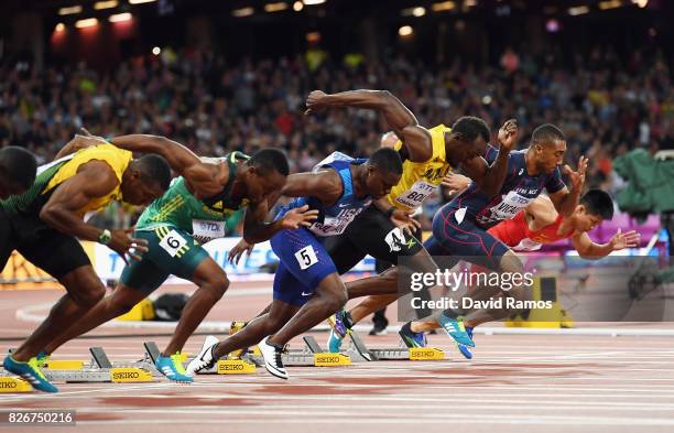 Athletes start in the mens 100m final during day two of the 16th IAAF World Athletics Championships London 2017 at The London Stadium on August 5,...