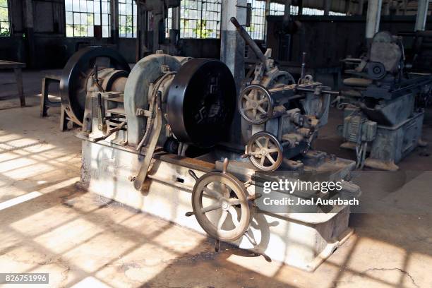 Piece of machine equipment manufactured by Landis Tool Company of Waynesboro, PA in the abandoned facilities building in Fordlandia on July 5, 2017...