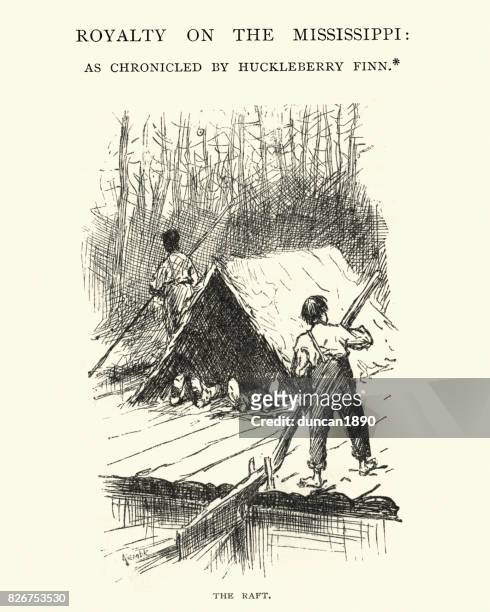 adventures of huckleberry finn, royalty on the mississippi, the raft - mark twain stock illustrations