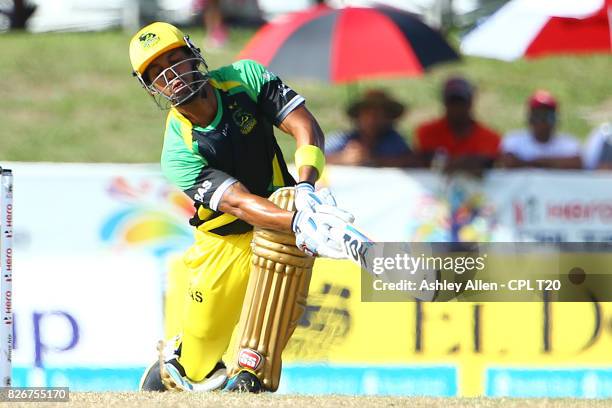 In this handout image provided by CPL T20, Lendl Simmons of the Jamaica Tallawahs plays a sweep shot during Match 3 of the 2017 Hero Caribbean...