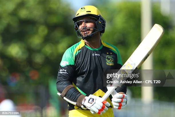 In this handout image provided by CPL T20, Kumar Sangakarra of the Jamaica Tallawahs is dismissed during Match 3 of the 2017 Hero Caribbean Premier...