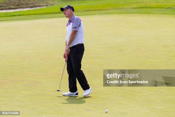 Phillip Price reacts after missing a putt on the 18th green during the Second Round of the 3M Championship on August 5, 2017 at TPC Twin Cities in...