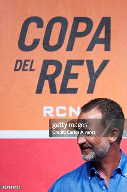 King Felipe of Spain attends the 36th Copa del Rey Mapfre Sailing Cup awards ceremony at the Ses Voltes cultural center on August 5, 2017 in Palma de...