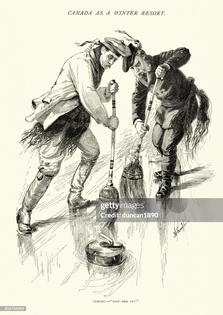 Two men playing a game of Curling, Canada, 19th Century