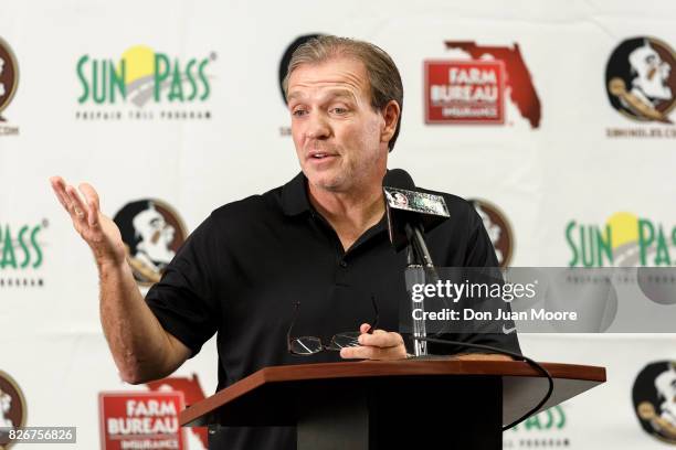 Head Coach Jimbo Fisher of the Florida State Seminoles speaks with the media before the start of the 2017 fall football practice on August 1, 2017 at...