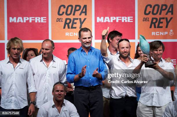 King Felipe of Spain attends the 36th Copa del Rey Mapfre Sailing Cup awards ceremony at the Ses Voltes cultural center on August 5, 2017 in Palma de...