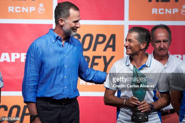 King Felipe of Spain and Javier Banderas attend the 36th Copa del Rey Mapfre Sailing Cup awards ceremony at the Ses Voltes cultural center on August...