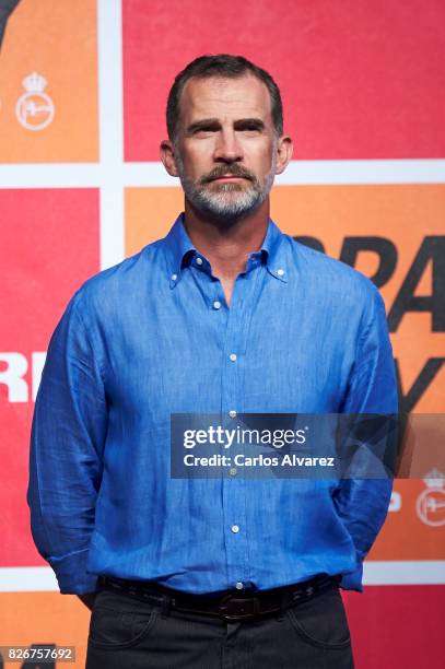 King Felipe of Spain attends the 36th Copa del Rey Mapfre Sailing Cup awards ceremony at the Ses Voltes cultural center on August 5, 2017 in Palma de...