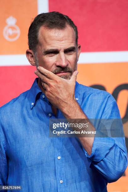 King Felipe of Spain attends the 36th Copa del Rey Mapfre Sailing Cup awards ceremony at the Ses Voltes cultural center on August 5, 2017 in Palma de...