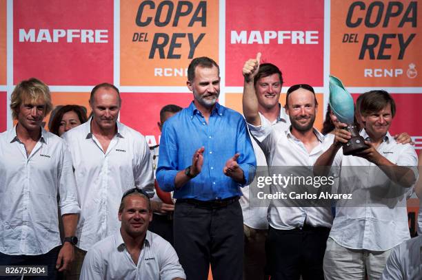 King Felipe of Spain attends the 36th Copa del Rey Mapfre Sailing Cup awards ceremony at the Ses Voltes cultural center on August 5, 2017 in Palma de...