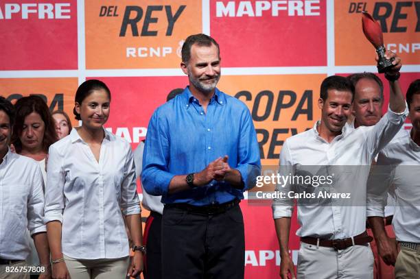 King Felipe of Spain attends the 36th Copa del Rey Mapfre Sailing Cup awards ceremony at the Ses Voltes cultural center on August 5, 2017 in Palma de...