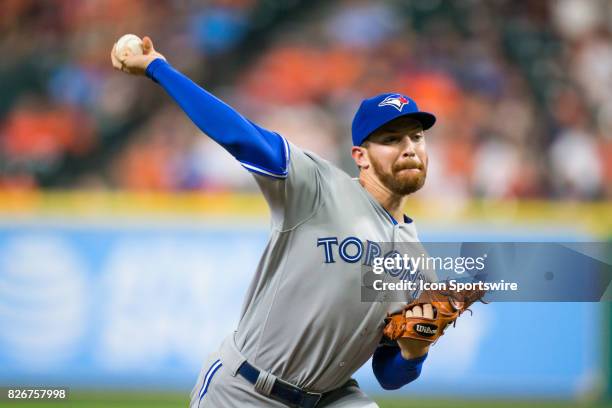 Toronto Blue Jays relief pitcher Danny Barnes delivers the pitch in the seventh inning of a MLB game between the Houston Astros and the Toronto Blue...