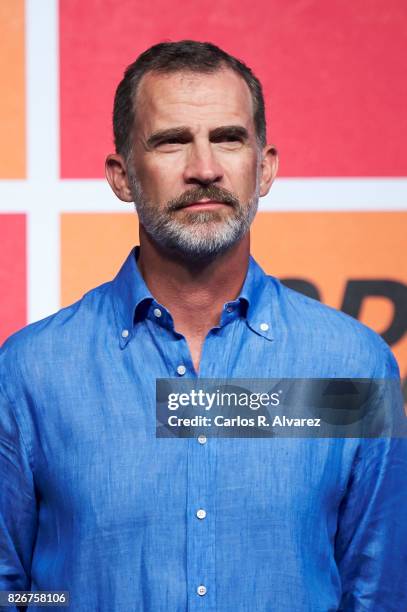 King Felipe of Spain attends the 36th Copa del Rey Mapfre Sailing Cup awards ceremony at the Ses Voltes cultural center on August 5, 2017 in Palma de...