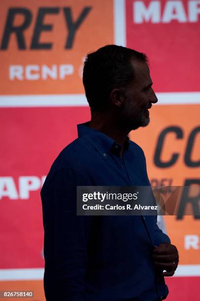 King Felipe of Spain attends the 36th Copa del Rey Mapfre Sailing Cup awards ceremony at the Ses Voltes cultural center on August 5, 2017 in Palma de...