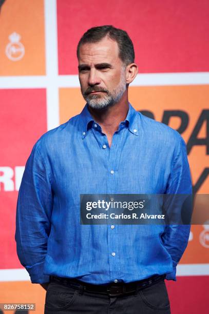 King Felipe of Spain attends the 36th Copa del Rey Mapfre Sailing Cup awards ceremony at the Ses Voltes cultural center on August 5, 2017 in Palma de...