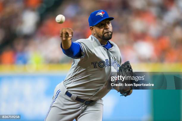 Toronto Blue Jays relief pitcher Cesar Valdez delivers the pitch in the second inning of a MLB game between the Houston Astros and the Toronto Blue...