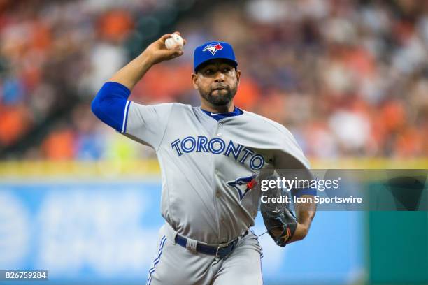 Toronto Blue Jays relief pitcher Cesar Valdez delivers the pitch in the second inning of a MLB game between the Houston Astros and the Toronto Blue...