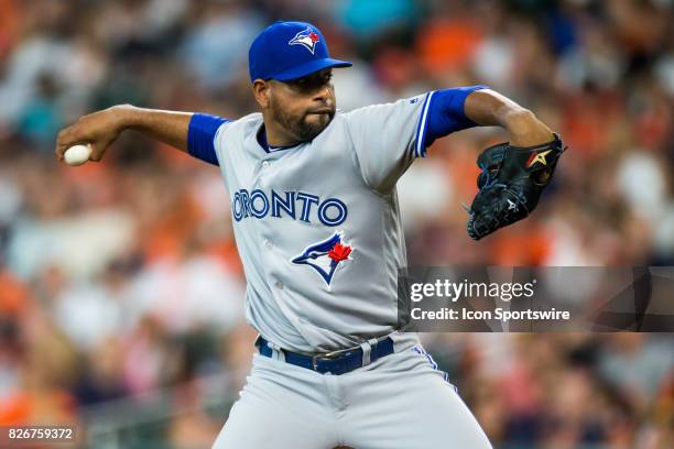 Toronto Blue Jays relief pitcher Cesar Valdez delivers the pitch in the first inning of a MLB game between the Houston Astros and the Toronto Blue...