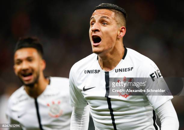 Guilherme Arana of Corinthians celebrates their first goal during the match between Corinthians and Sport Recife for the Brasileirao Series A 2017 at...