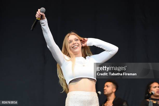 Becky Hill performs on stage at Brighton Pride Festival in Preston Park on August 5, 2017 in Brighton, England.